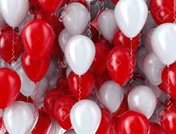 20 Gas filled red white Balloons tied to ribbons